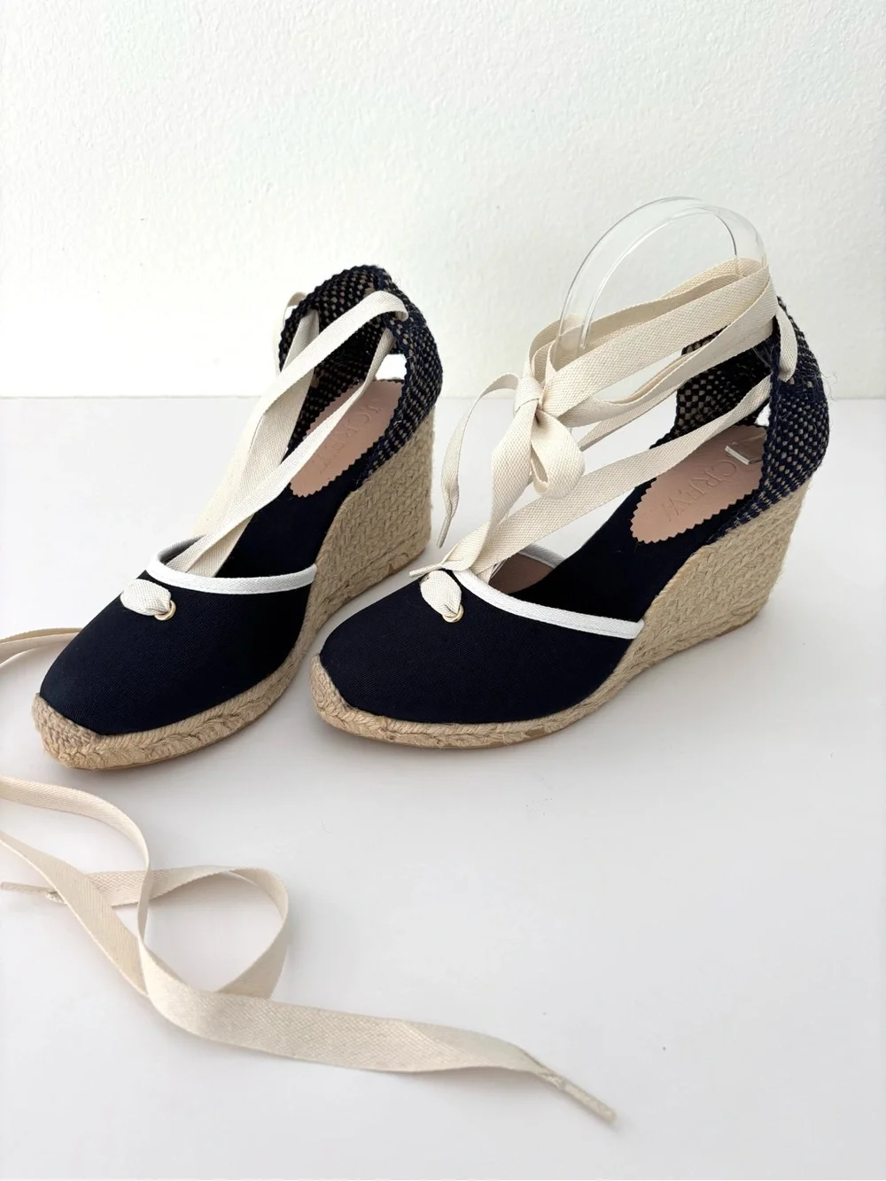 J.Crew Crochet Lace-Up Espadrille Wedges NWT Navy Cottagecore Size 8